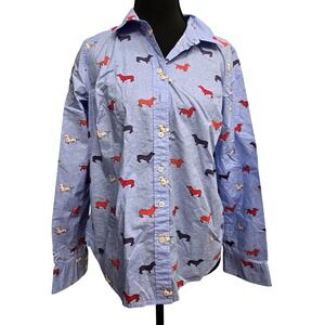 Talbots Dachshund Dog Print Button Down Shirt Blouse Blue SP novelty whimsical
